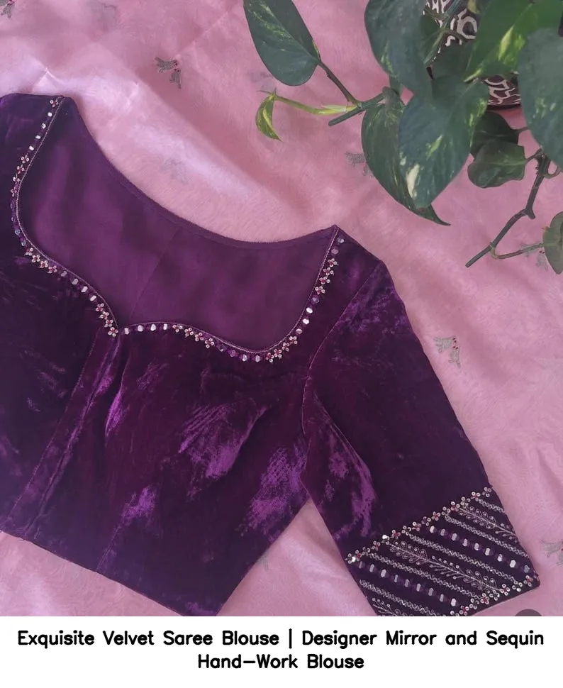 Exquisite Velvet Saree Blouse | Designer Mirror and Sequin Hand-Work Blouse 9