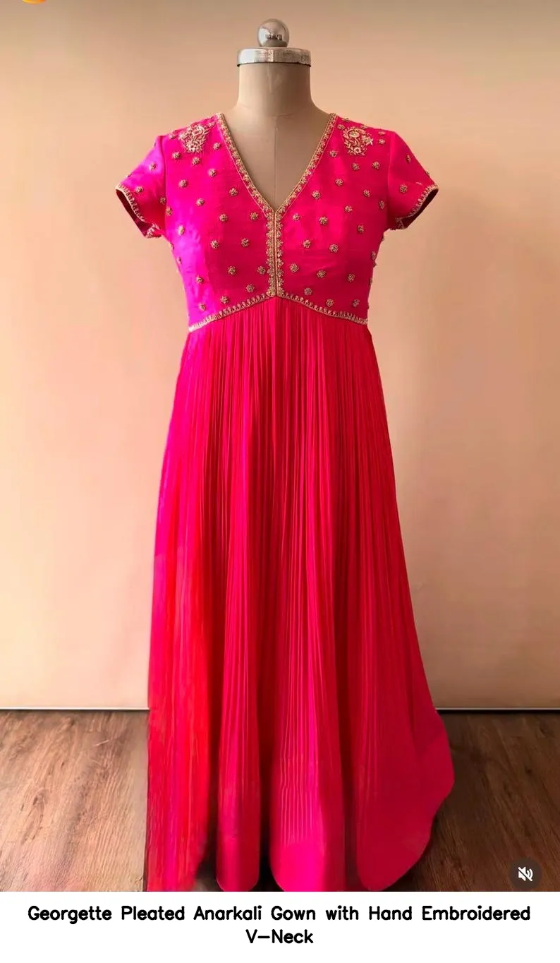 Georgette Pleated Anarkali Gown with Hand Embroidered V-Neck