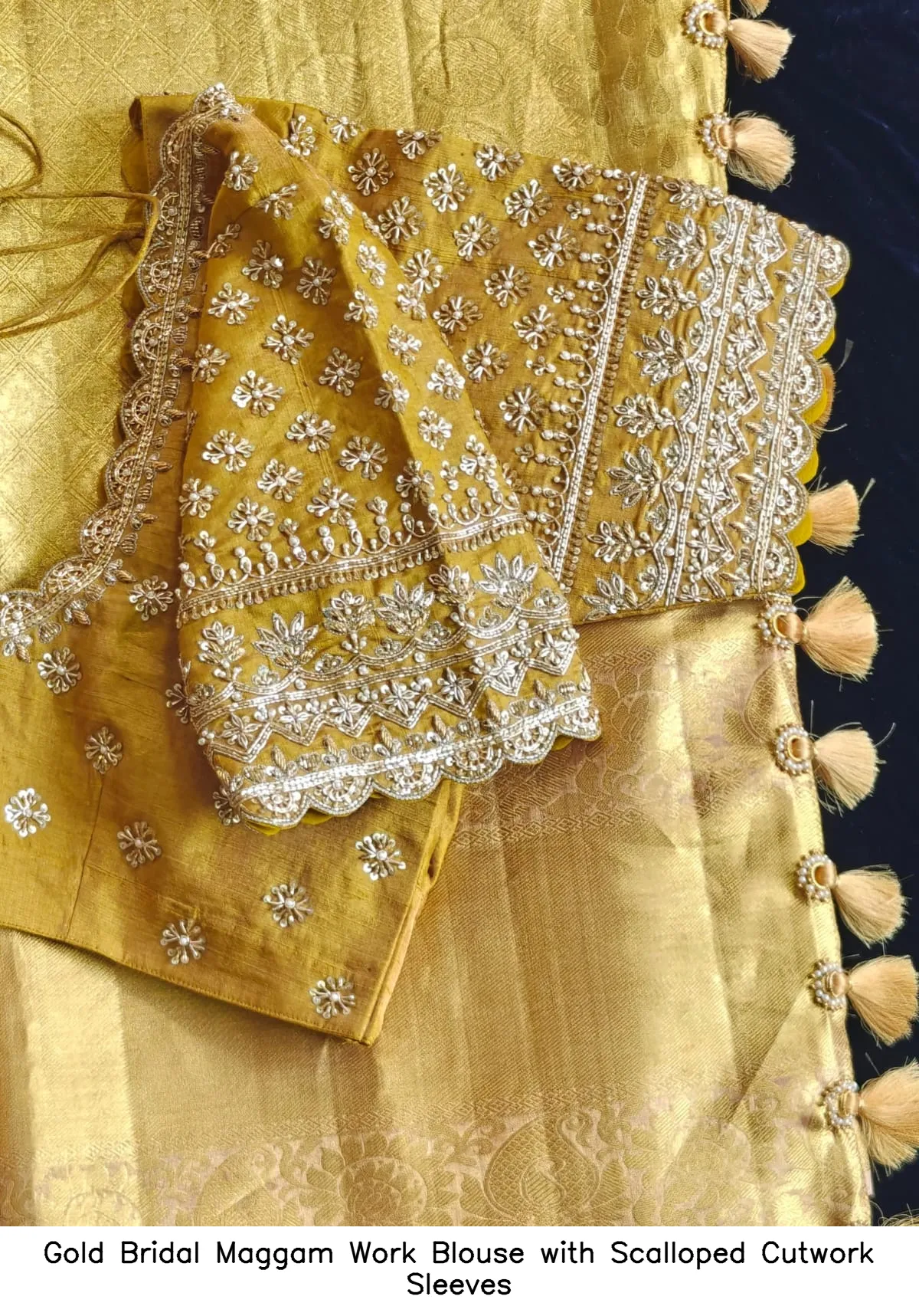Gold Bridal Maggam Work Blouse with Scalloped Cutwork Sleeves