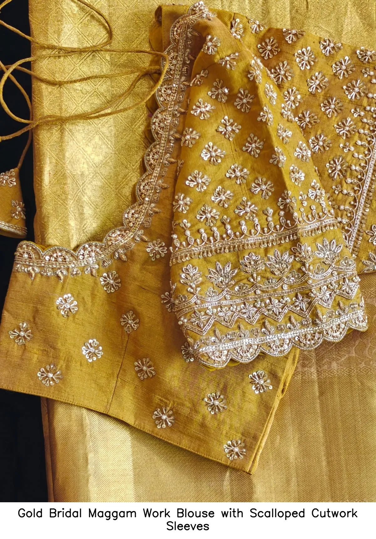 Gold Bridal Maggam Work Blouse with Scalloped Cutwork Sleeves