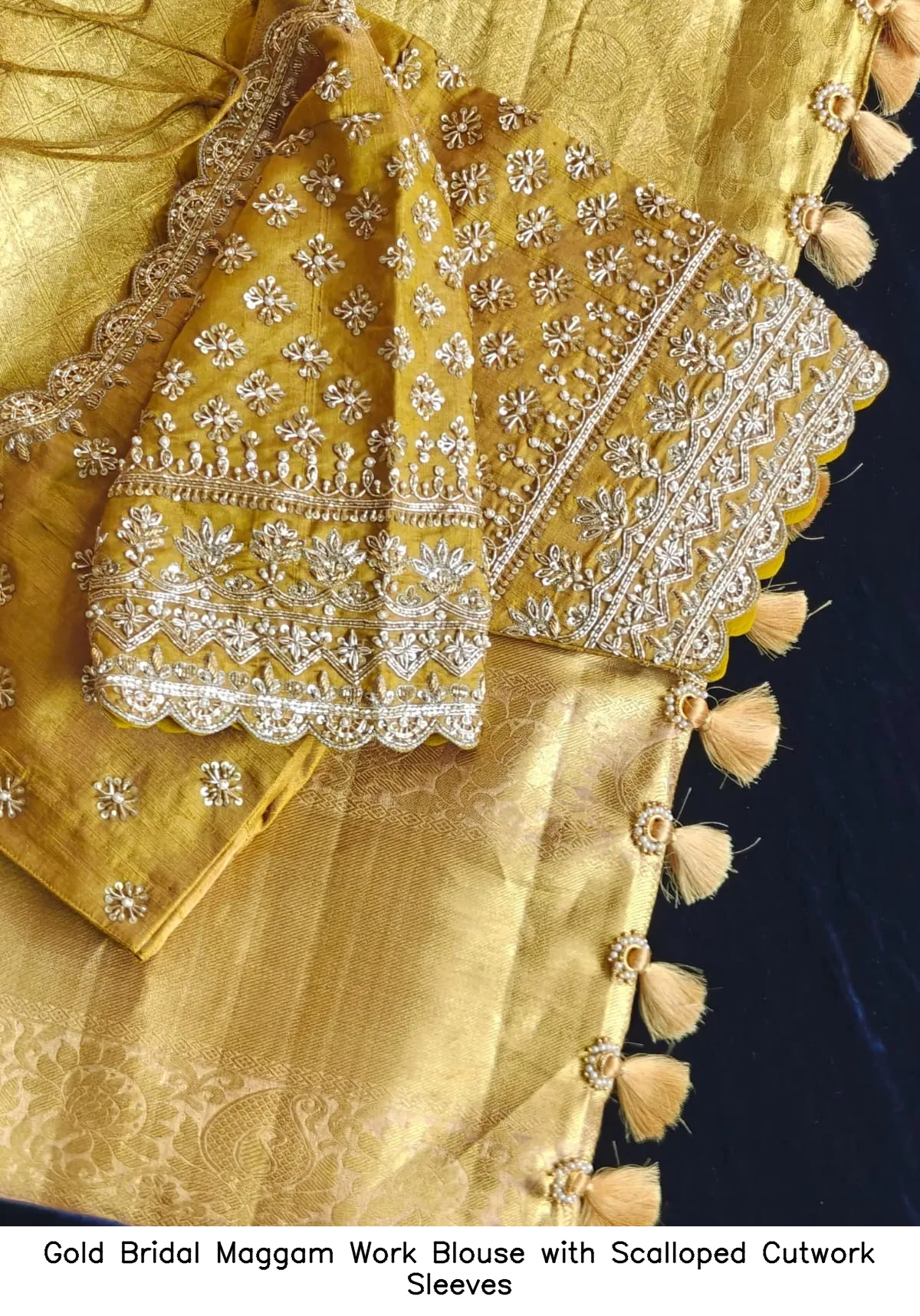Gold Bridal Maggam Work Blouse with Scalloped Cutwork Sleeves