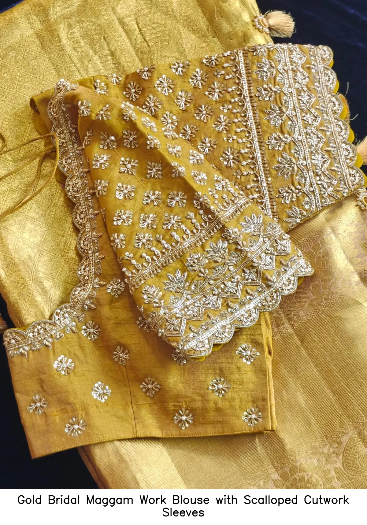 Gold Bridal Maggam Work Blouse with Scalloped Cutwork Sleeves
