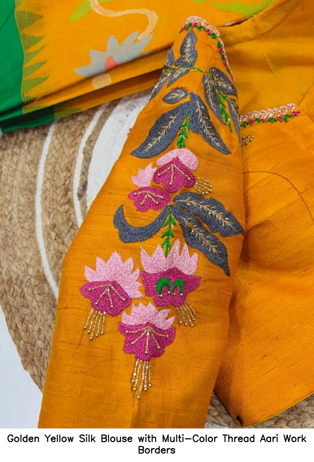 Golden Yellow Silk Blouse with Multi-Color Thread Aari Work Borders