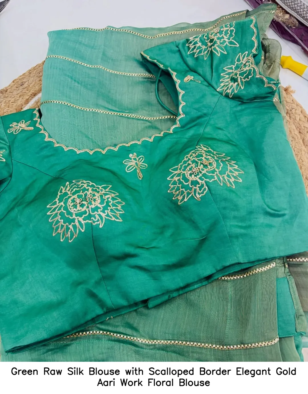 Green Raw Silk Blouse with Scalloped Border Elegant Gold Aari Work Floral Blouse