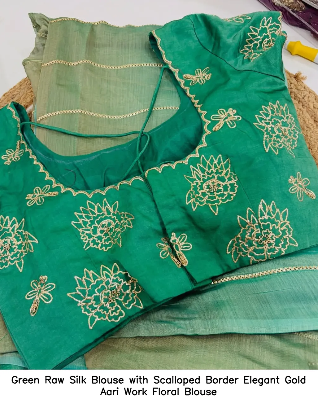 Green Raw Silk Blouse with Scalloped Border Elegant Gold Aari Work Floral Blouse