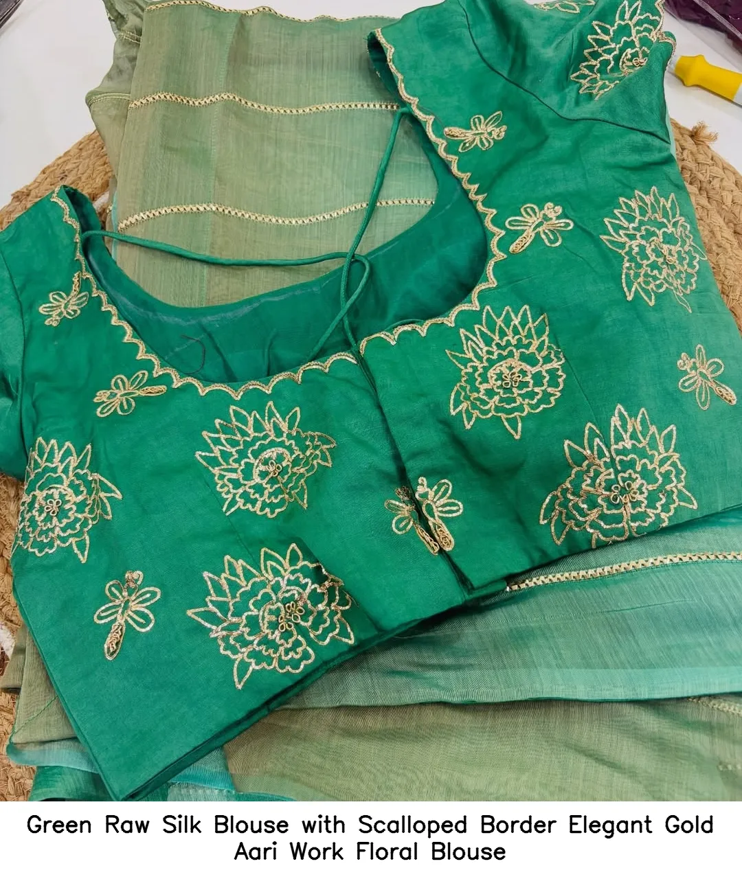 Green Raw Silk Blouse with Scalloped Border Elegant Gold Aari Work Floral Blouse