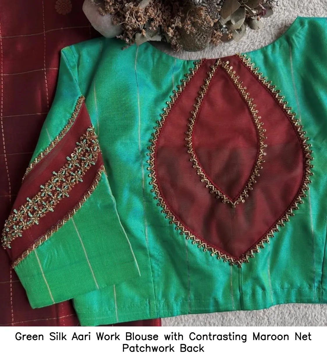 Green Silk Aari Work Blouse with Contrasting Maroon Net Patchwork Back