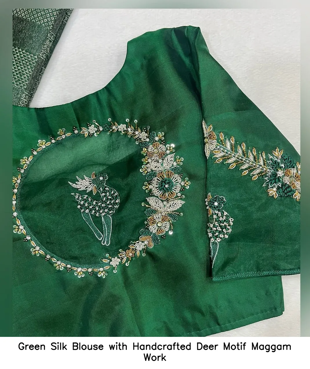 Green Silk Blouse with Handcrafted Deer Motif Maggam Work