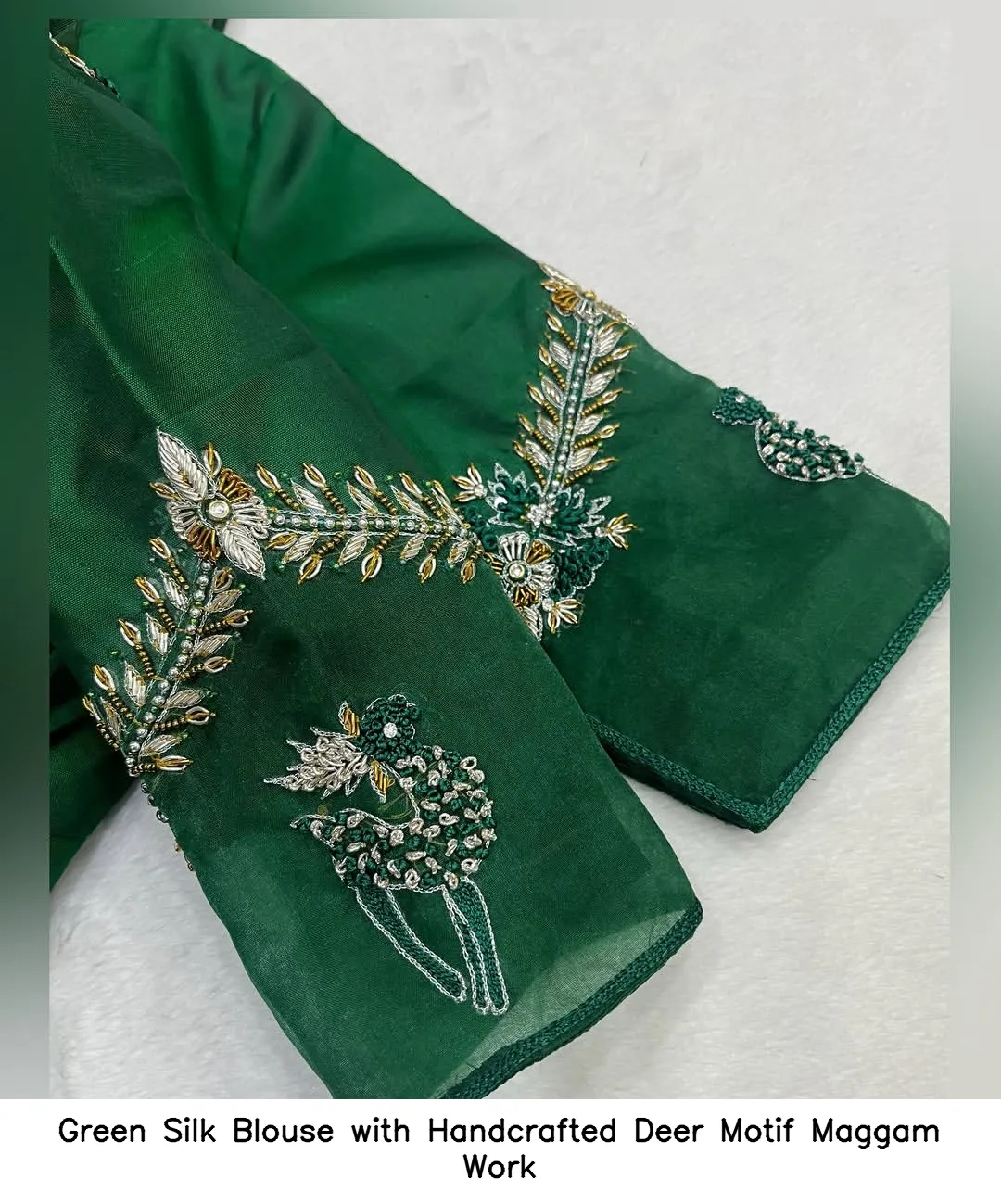 Green Silk Blouse with Handcrafted Deer Motif Maggam Work