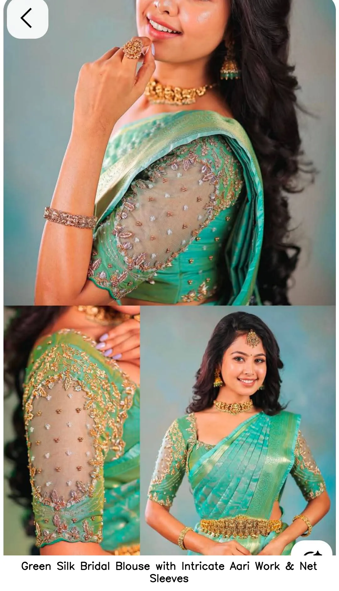 Green Silk Bridal Blouse with Intricate Aari Work & Net Sleeves