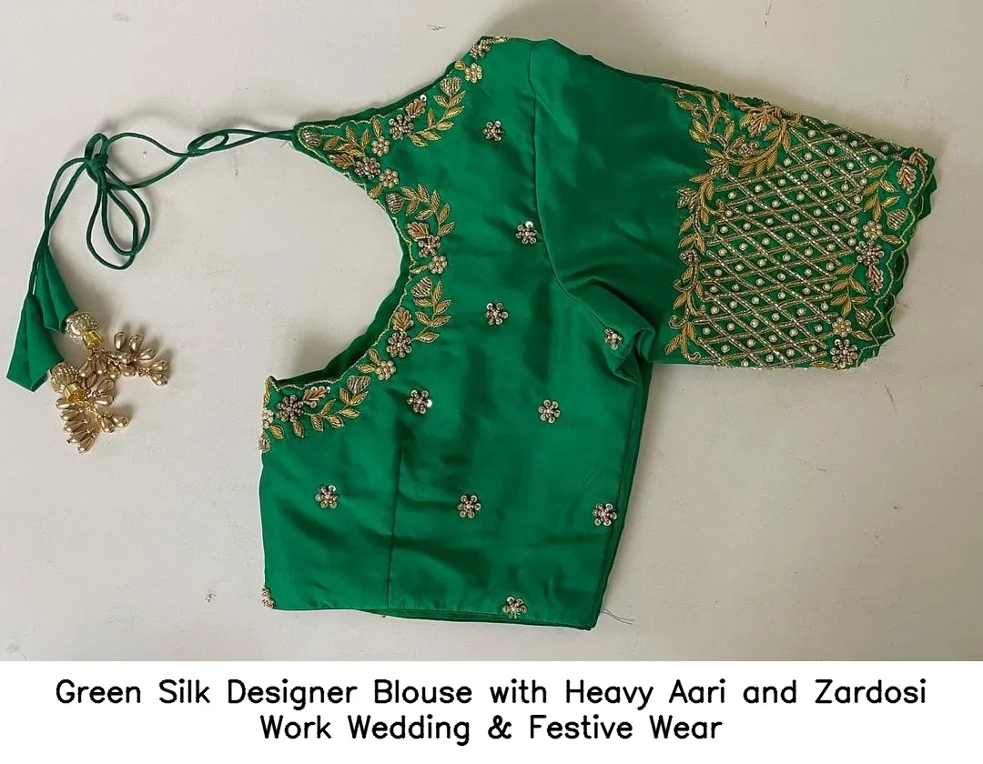 Green Silk Designer Blouse with Heavy Aari and Zardosi Work – Wedding & Festive Wear