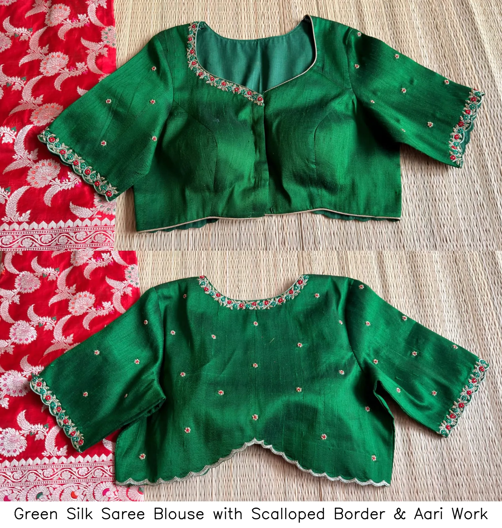 Green Silk Saree Blouse with Scalloped Border & Aari Work