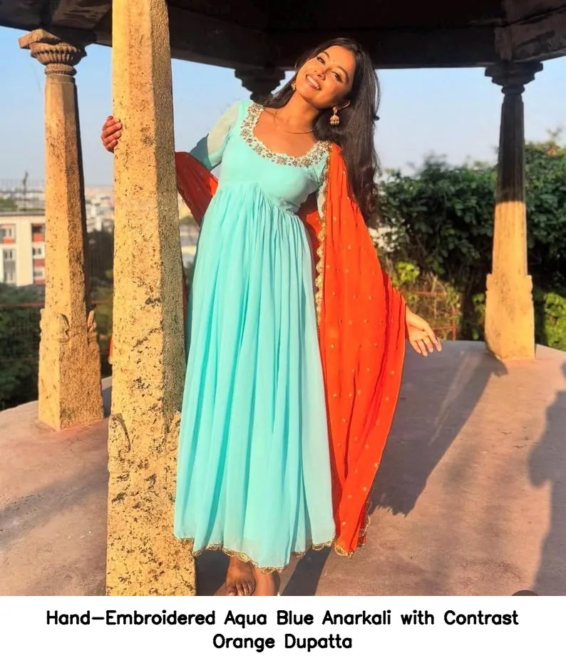 Hand-Embroidered Aqua Blue Anarkali with Contrast Orange Dupatta