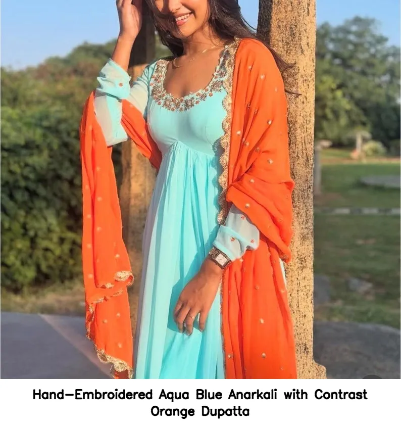 Hand-Embroidered Aqua Blue Anarkali with Contrast Orange Dupatta 2