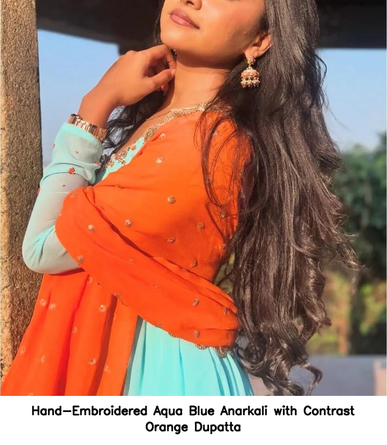 Hand-Embroidered Aqua Blue Anarkali with Contrast Orange Dupatta 3