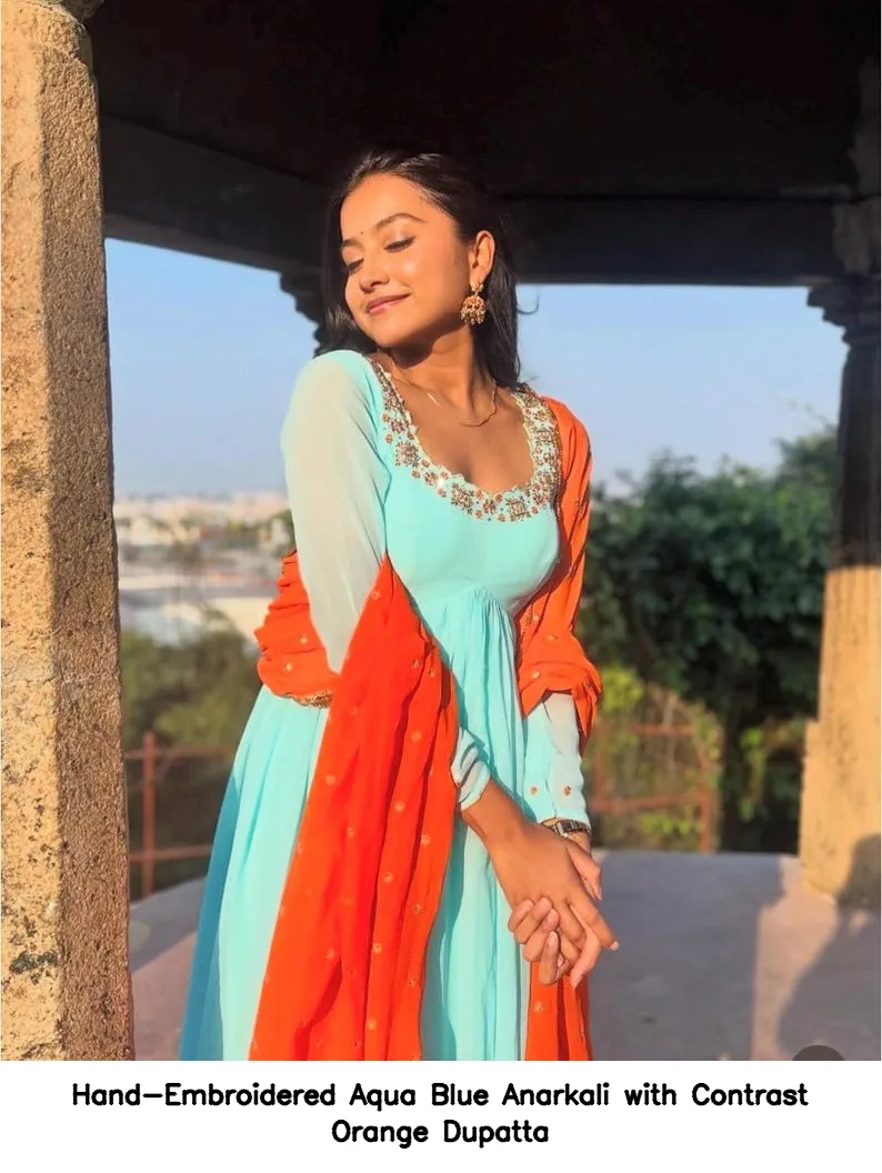Hand-Embroidered Aqua Blue Anarkali with Contrast Orange Dupatta 4