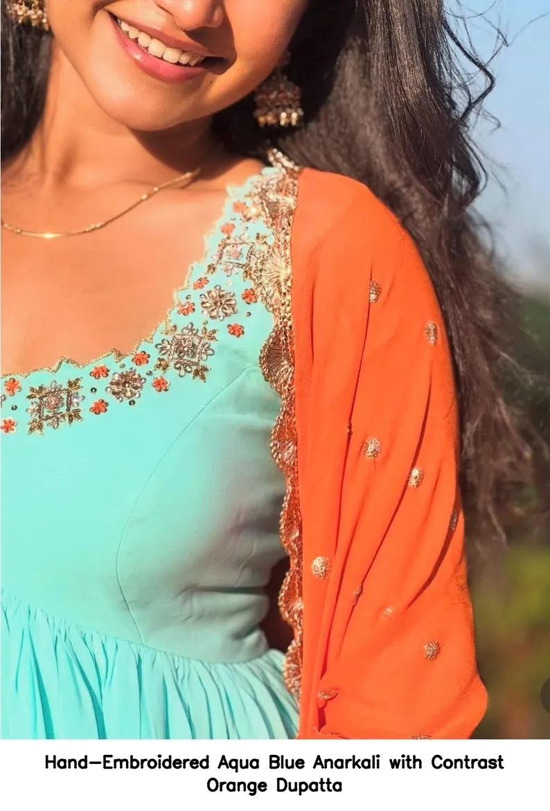 Hand-Embroidered Aqua Blue Anarkali with Contrast Orange Dupatta 5