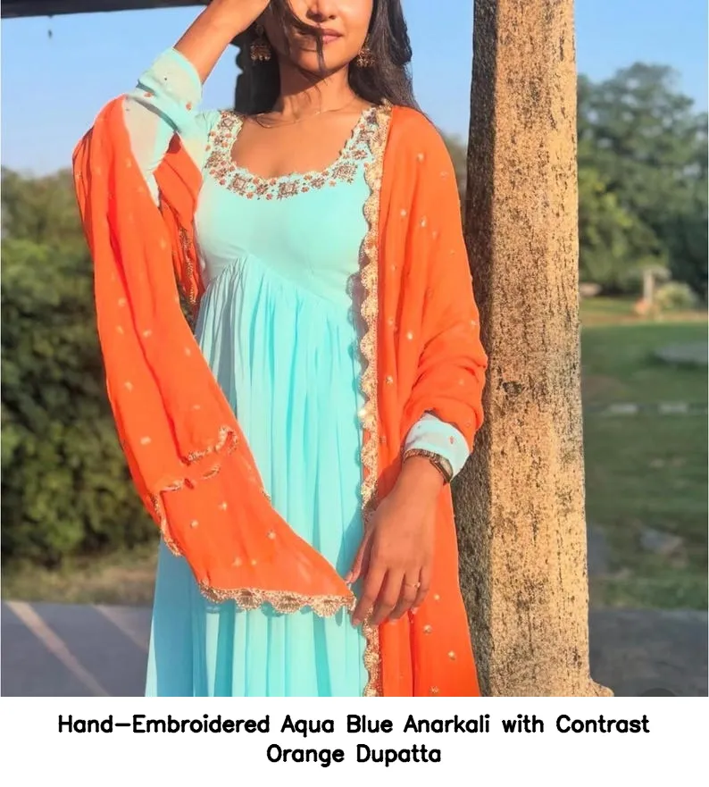 Hand-Embroidered Aqua Blue Anarkali with Contrast Orange Dupatta 6