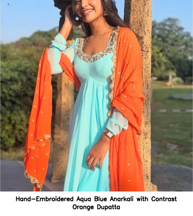 Hand-Embroidered Aqua Blue Anarkali with Contrast Orange Dupatta 7