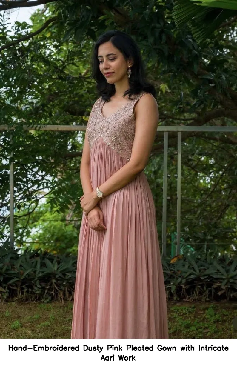 Hand-Embroidered Dusty Pink Pleated Gown with Intricate Aari Work
