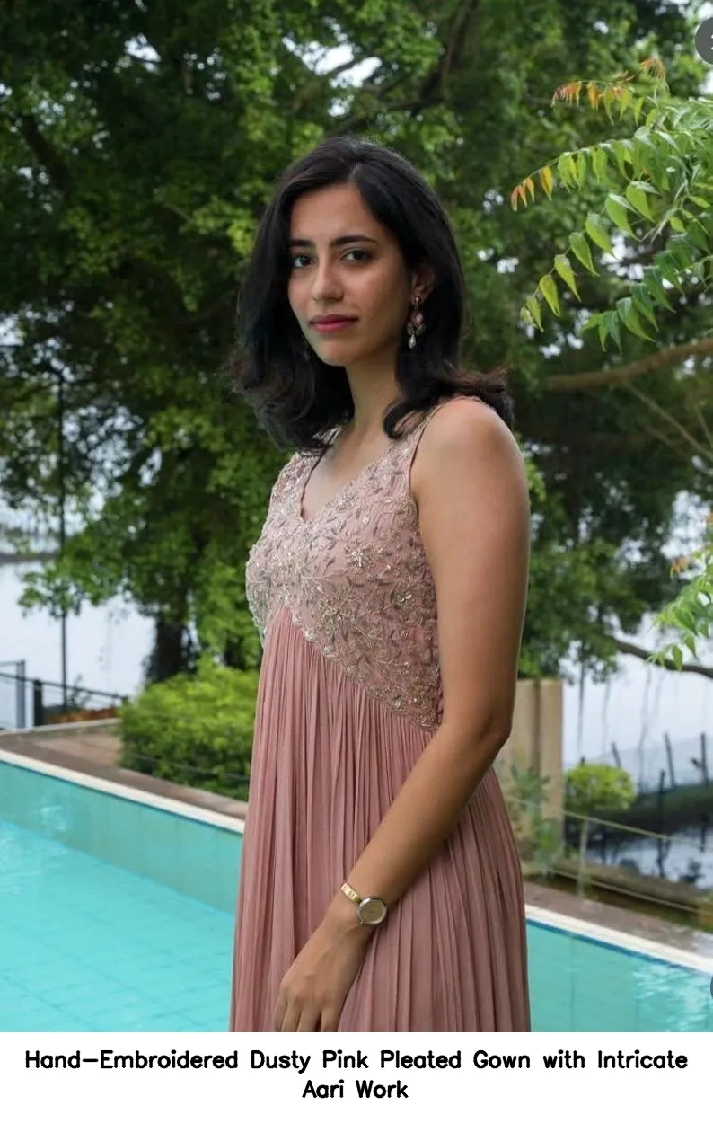 Hand-Embroidered Dusty Pink Pleated Gown with Intricate Aari Work 3