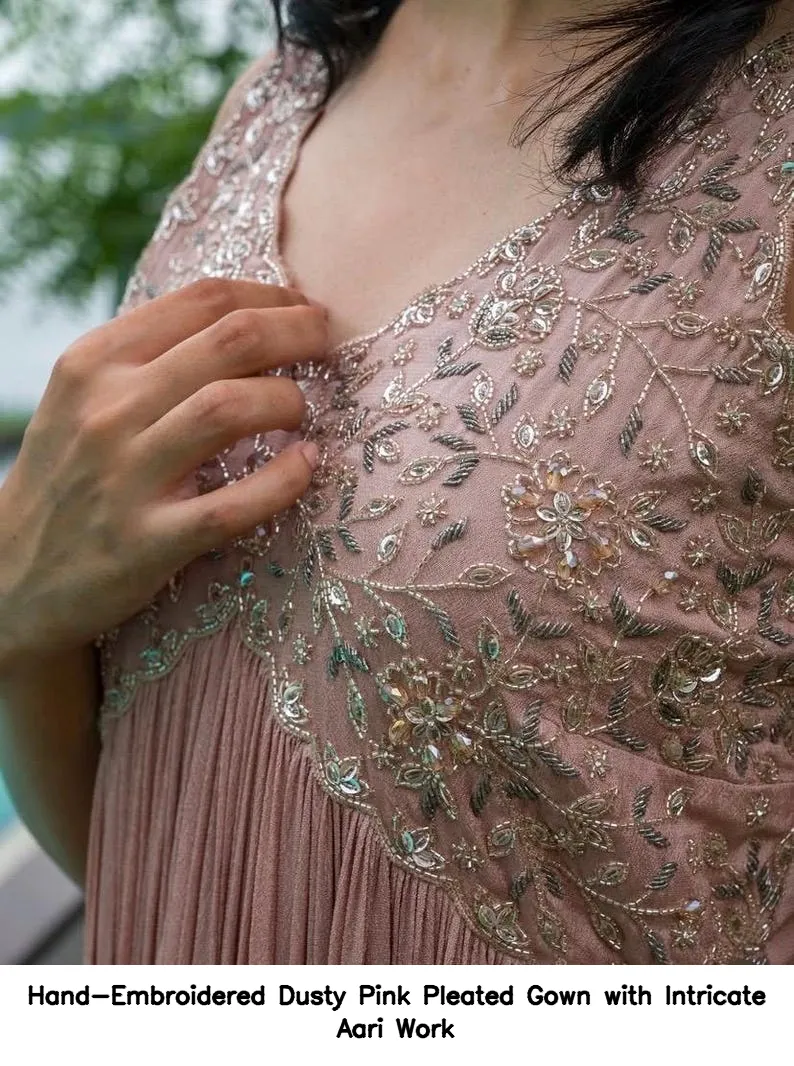 Hand-Embroidered Dusty Pink Pleated Gown with Intricate Aari Work 4