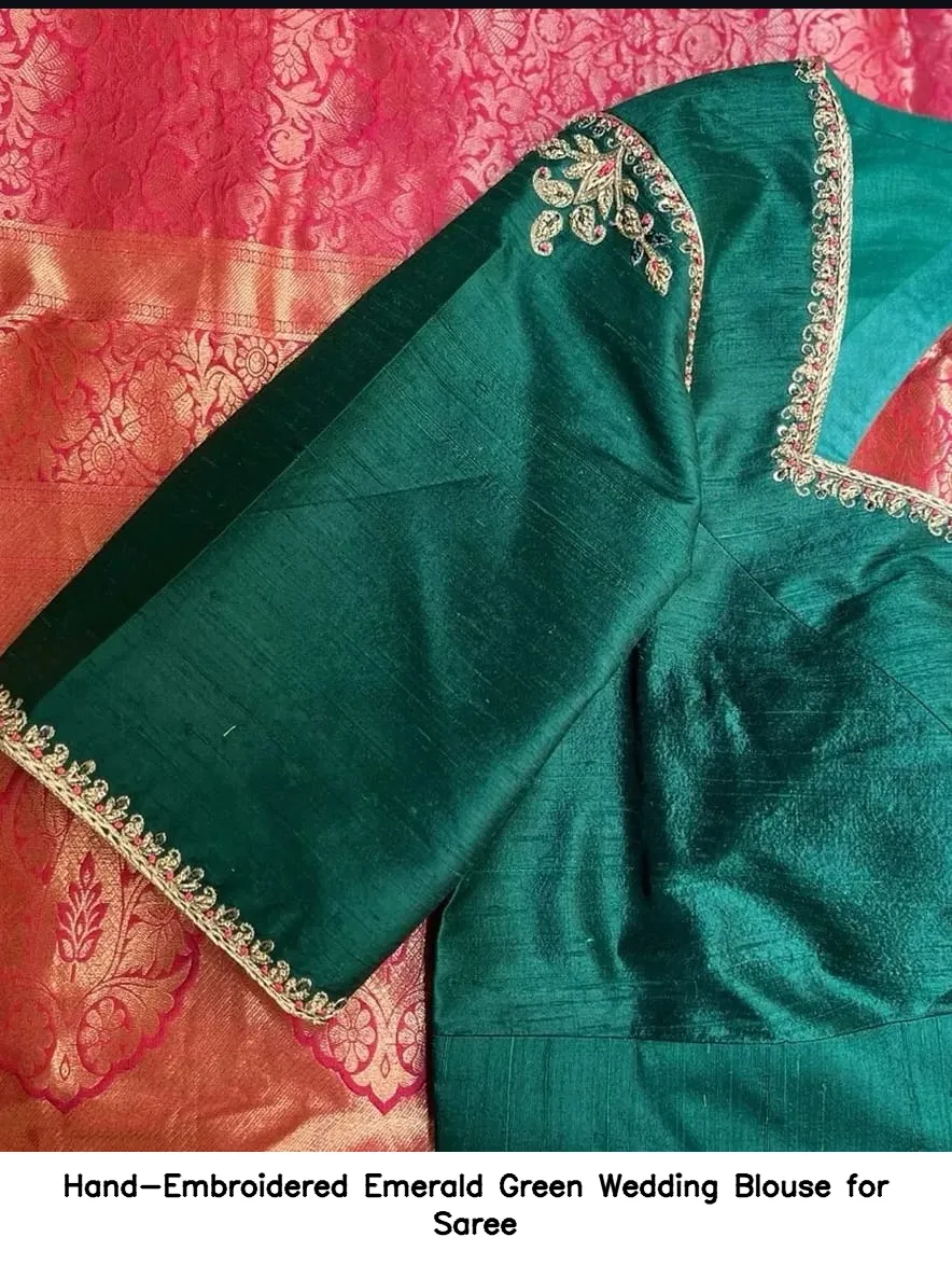 Hand-Embroidered Emerald Green Wedding Blouse for Saree