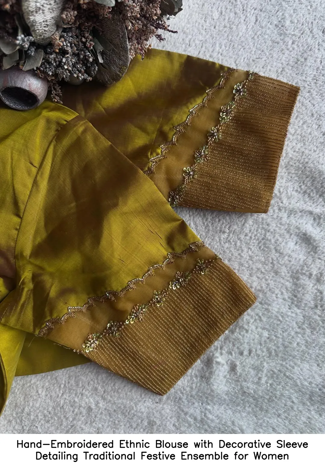 Hand-Embroidered Ethnic Blouse with Decorative Sleeve Detailing – Traditional Festive Ensemble for Women
