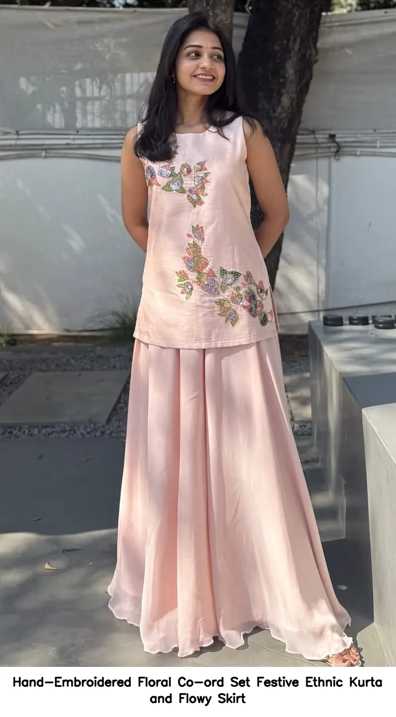 Hand-Embroidered Floral Co-ord Set – Festive Ethnic Kurta and Flowy Skirt