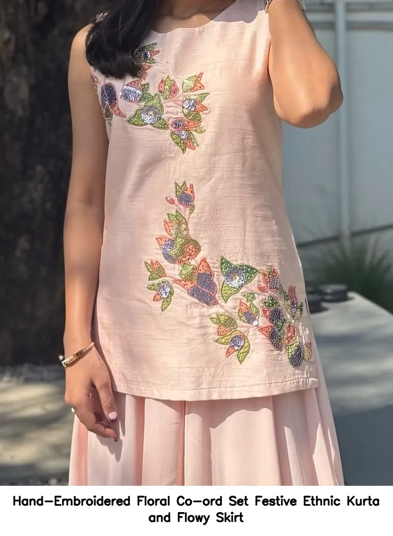 Hand-Embroidered Floral Co-ord Set – Festive Ethnic Kurta and Flowy Skirt 2