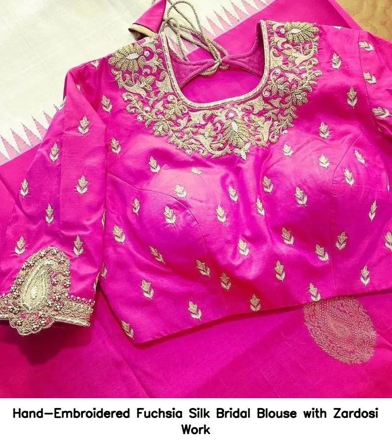 Hand-Embroidered Fuchsia Silk Bridal Blouse with Zardosi Work 3