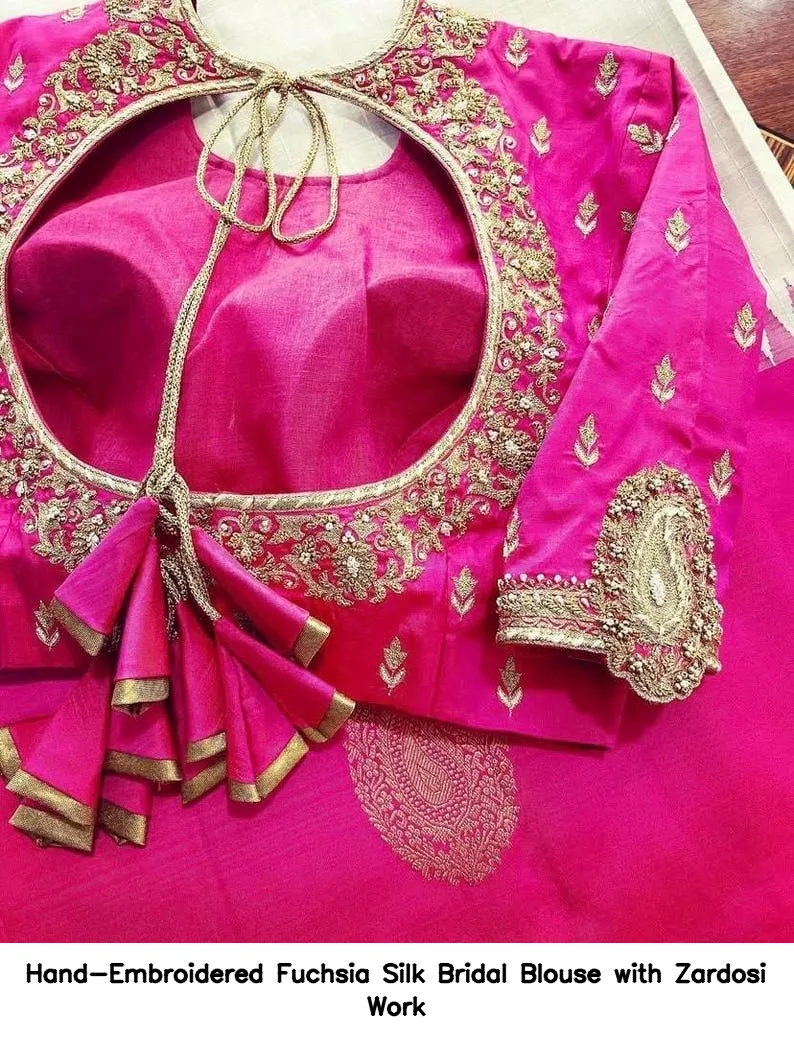 Hand-Embroidered Fuchsia Silk Bridal Blouse with Zardosi Work 4