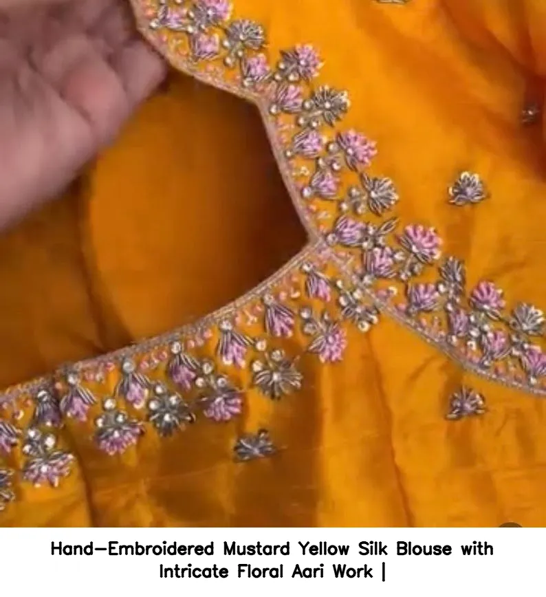 Hand-Embroidered Mustard Yellow Silk Blouse with Intricate Floral Aari Work | 4