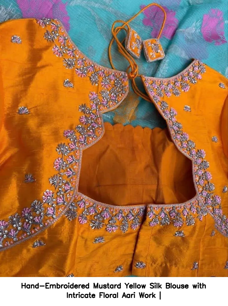 Hand-Embroidered Mustard Yellow Silk Blouse with Intricate Floral Aari Work | 5