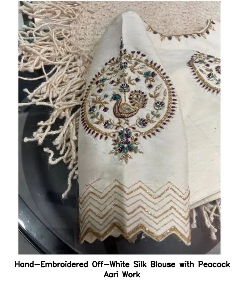 Hand-Embroidered Off-White Silk Blouse with Peacock Aari Work