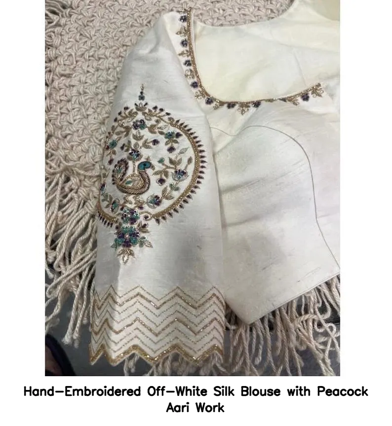 Hand-Embroidered Off-White Silk Blouse with Peacock Aari Work 6