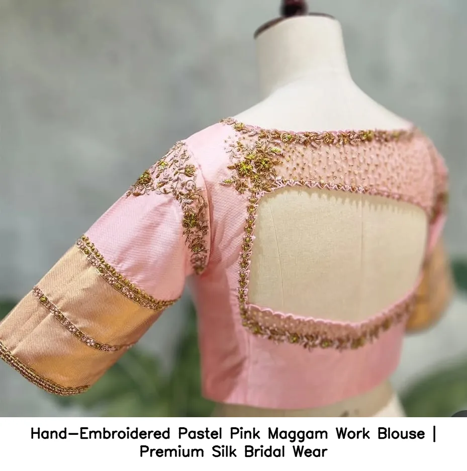 Hand-Embroidered Pastel Pink Maggam Work Blouse | Premium Silk Bridal Wear 2