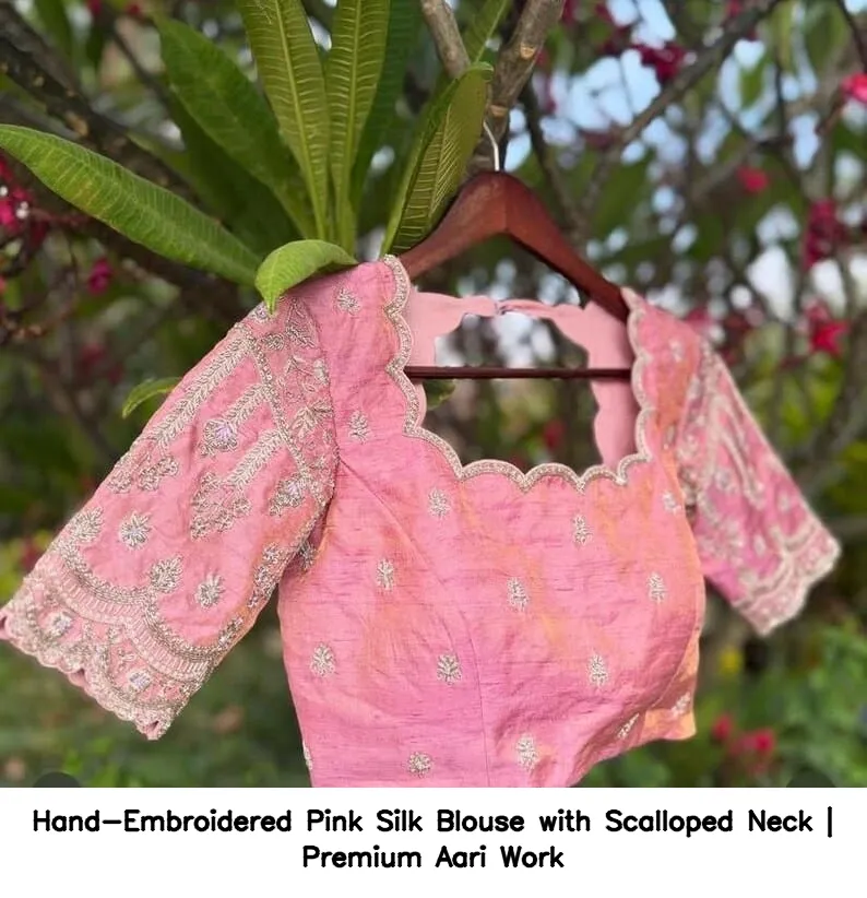 Hand-Embroidered Pink Silk Blouse with Scalloped Neck | Premium Aari Work 2