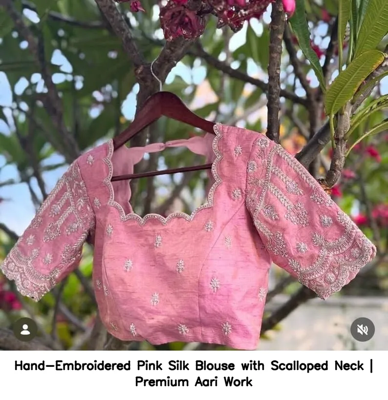 Hand-Embroidered Pink Silk Blouse with Scalloped Neck | Premium Aari Work 3
