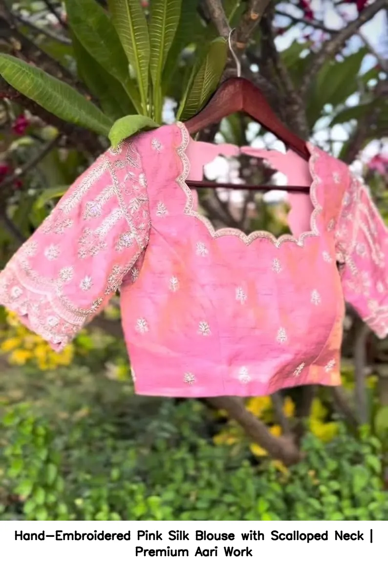 Hand-Embroidered Pink Silk Blouse with Scalloped Neck | Premium Aari Work 4