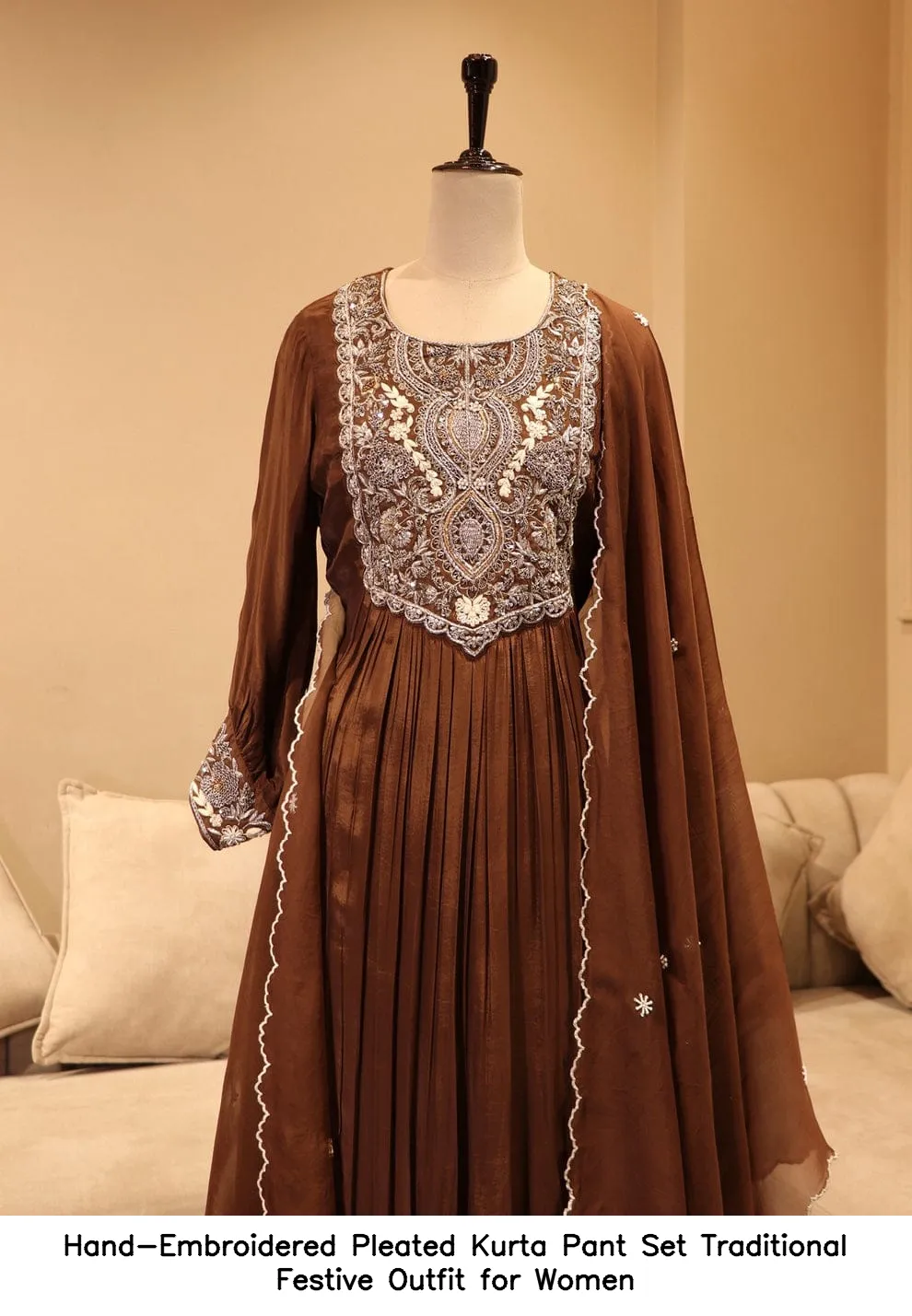 Hand-Embroidered Pleated Kurta Pant Set – Traditional Festive Outfit for Women