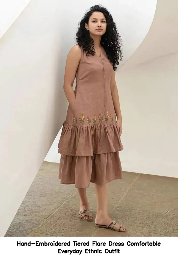 Hand-Embroidered Tiered Flare Dress – Comfortable Everyday Ethnic Outfit