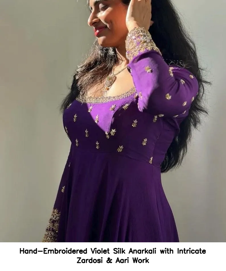 Hand-Embroidered Violet Silk Anarkali with Intricate Zardosi & Aari Work
