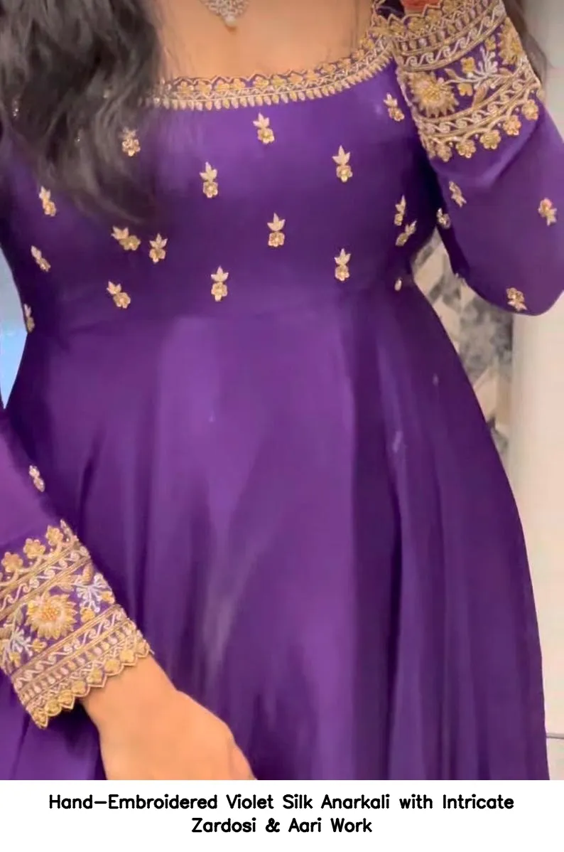 Hand-Embroidered Violet Silk Anarkali with Intricate Zardosi & Aari Work 2