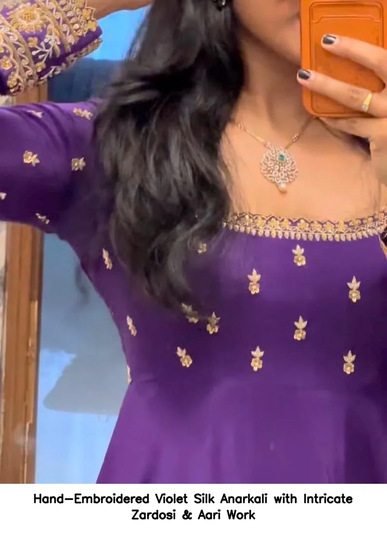 Hand-Embroidered Violet Silk Anarkali with Intricate Zardosi & Aari Work 3