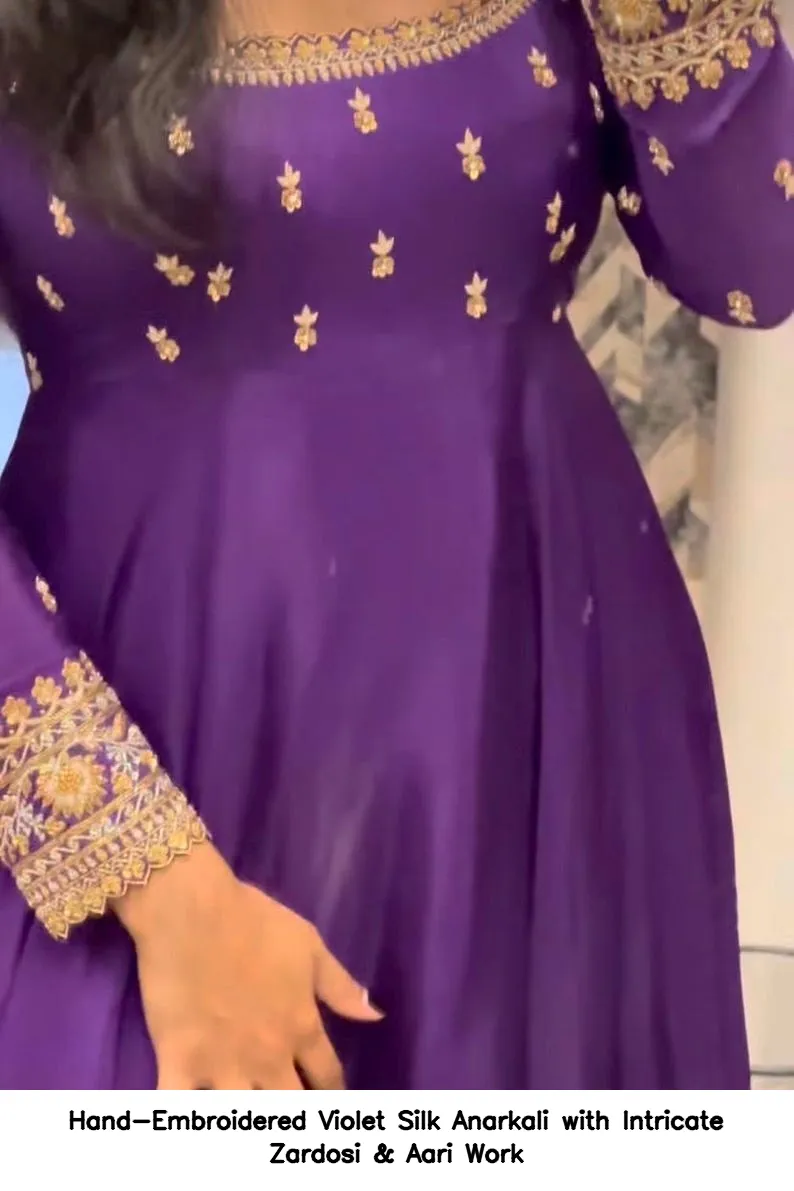 Hand-Embroidered Violet Silk Anarkali with Intricate Zardosi & Aari Work 4