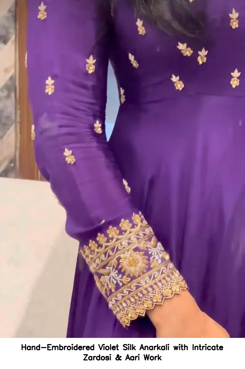 Hand-Embroidered Violet Silk Anarkali with Intricate Zardosi & Aari Work 5