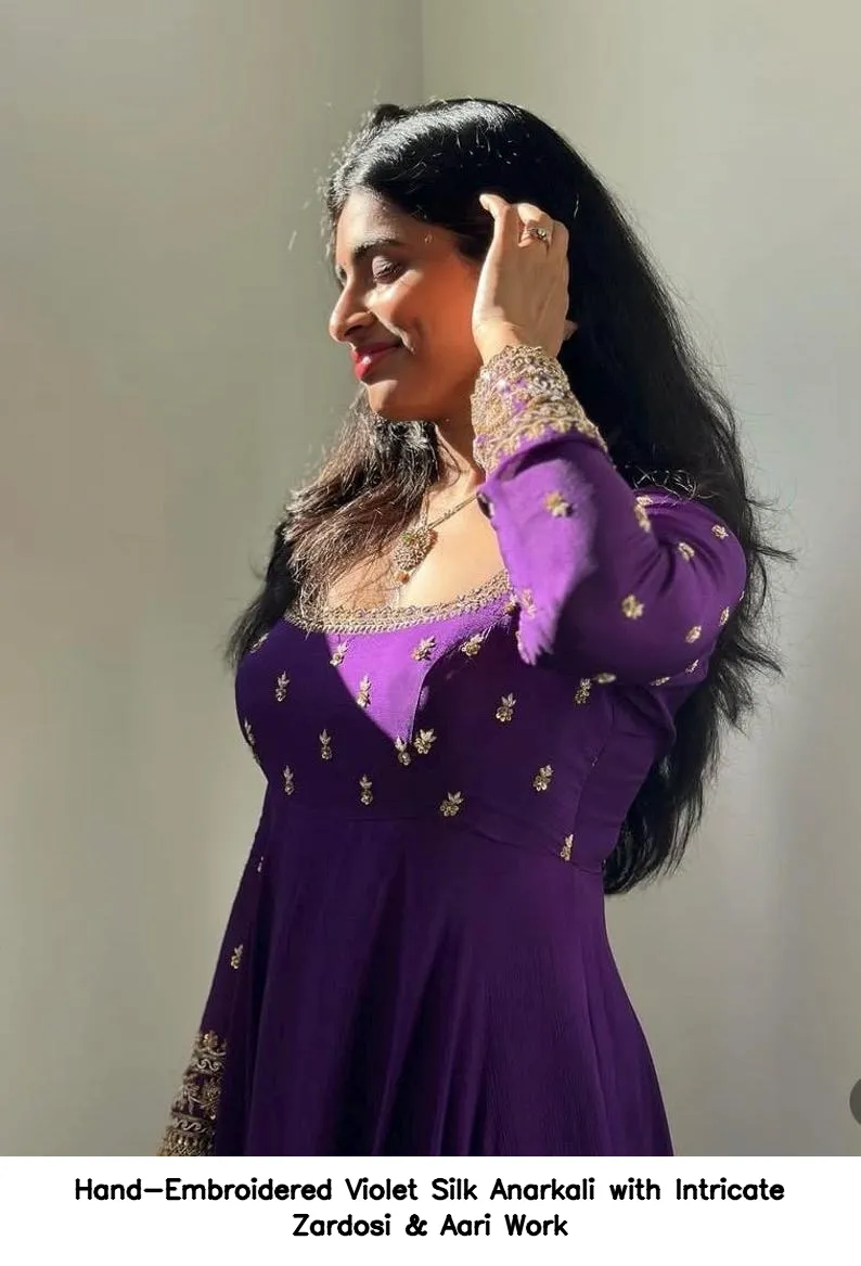 Hand-Embroidered Violet Silk Anarkali with Intricate Zardosi & Aari Work 6