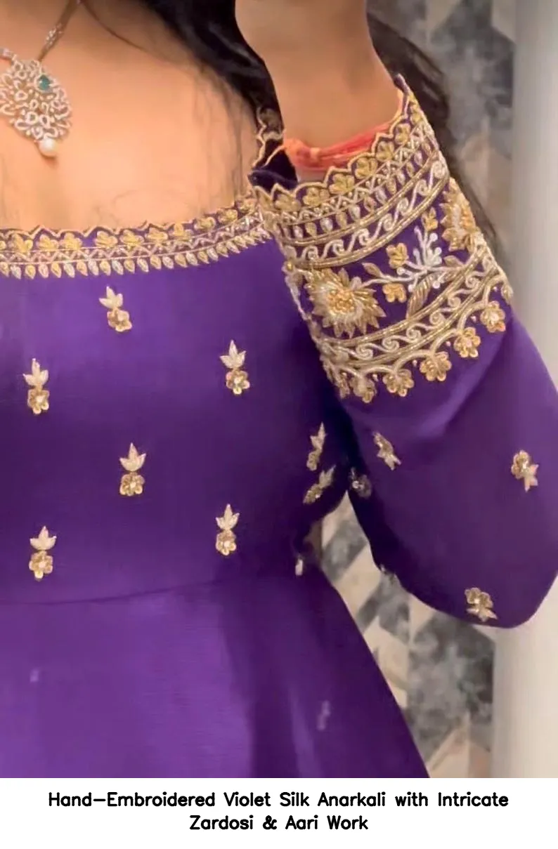 Hand-Embroidered Violet Silk Anarkali with Intricate Zardosi & Aari Work 7