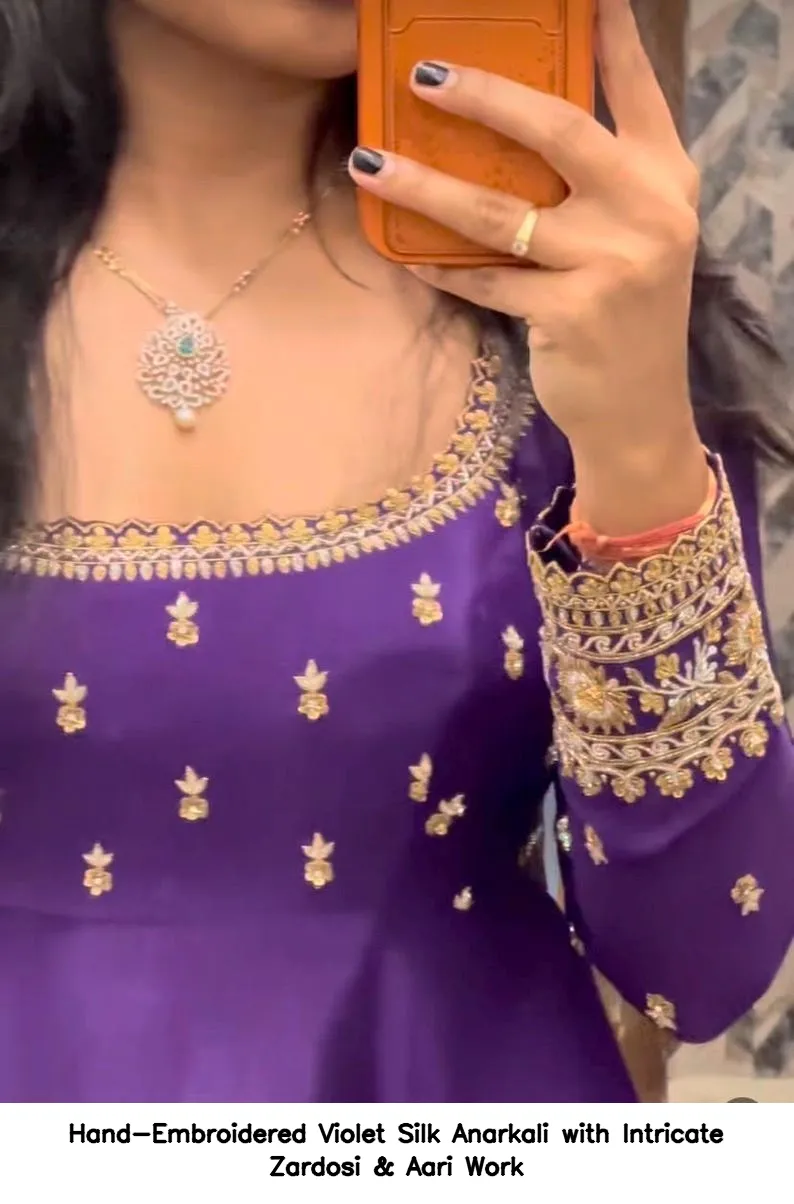 Hand-Embroidered Violet Silk Anarkali with Intricate Zardosi & Aari Work 8
